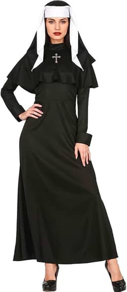 Fantasia Feminina Adulta Halloween Vestido Freira Valak Mau Irma Madre Monja Preto com Véu e Cruz