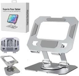 Suporte para Tablet em Aço Carbono Com Metal Resistente Apoio para Mesa Pedestal Portátil Dobrável Articulado Base Rotativa 360º Design Moderno Ajustável Antiderrapante Ampla Compatibilidade