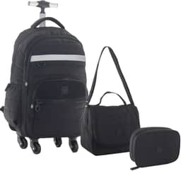 Kit Mochila Escolar Juvenil Masculino 4 Rodas 360° Desenho do Tecido Matelassê Com Lancheira Térmica e Estojo Box (PRETO)