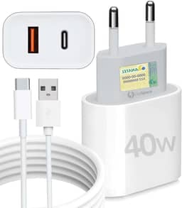 Kit Carregador Super Turbo 40W Porta Dupla (USB-A + USB-C) + Cabo USB e Tipo-C, Compatível com Todos Dispositivos, Iphone 15/16/17 IOS Android Galaxy, Tablets, Notebooks, Linha Premium