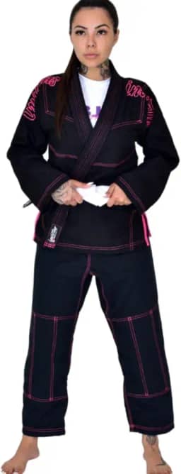 Kimono Jiu Jitsu Feminino Preto Costura Rosa Pink F4 - Até 1,90m e 95kg