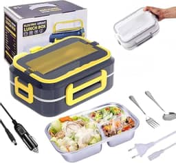 Marmita Elétrica Portátil De Aço Inoxidável 12V/110V-220V – Lancheira Térmica para Carro, Casa ou Trabalho, 3 Divisórias, Cor Azul com Amarelo, Aquece Refeições Quentes (Azul) - MJ BRANDS