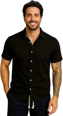 Camisa Masculina Gola Italiana Manga Curta Leve Elegante para Trabalho e Passeios, Tecido Fresco Passa Facil