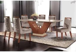 Conjunto Sala de Jantar Mesa com Tampo de Vidro Safira 6 Cadeiras Atena Lj Móveis Castanho Premio/Off White/Pena Bege