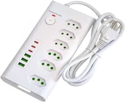 Filtro de Linha Multi 12 EM 1, Régua de Energia, Extensão Eletrica, Com 6 Tomadas de 10A e 20A, 6 Portas USB, USB Tipo C, Bivolt 110-250V, Potência de 2500W (Branco) - Tomada Tripolar Cabo de 2 metros
