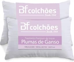 Kit 2 Travesseiros Fibras Toque Pluma de Ganso 100% Algodão Percal 300 Fios Premium Antialérgico 50x70cm - BF Colchõe