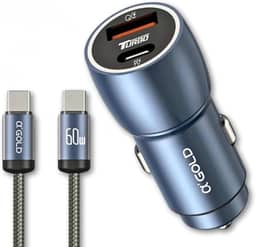 Carregador Veicular Turbo 60W Duas Portas Para Automóvel Carregador de Carro Duas Entradas com Carregamento Super Rápido + Cabo USB-C Premium