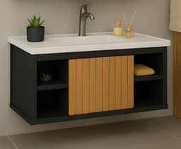 Gabinete Com Cuba Suspenso para Banheiro Nichos Com Porta Completo (Preto Ripado)