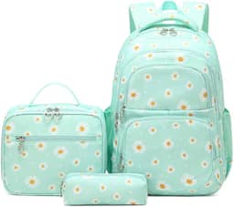 Conjunto de Mochila Escolar Feminina com Estampa de Margarida - 3 Peças com Bolsa de Almoço e Estojo de Lápis