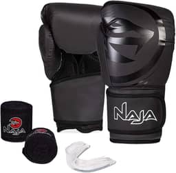 Luva de Boxe e Muay Thai Naja Black Line - 1 Par de luva + 1 Par de Bandagem Elástica + 1 Protetor Bucal