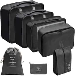 Kit Organizador de Malas para Viagem 7 Peças Bolsas Necessaire Sapatos Maquiagem Roupas Bagagem Organizada Conjunto Organizador Completo Premium (Preto)