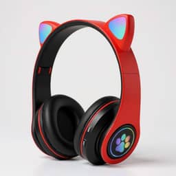 Fone de Ouvido Infantil Bluetooth com Orelhas de Gato, Luzes RGB, Dobrável, Ajustável, Conforto Prolongado e Conectividade Multiuso (Vermelho)