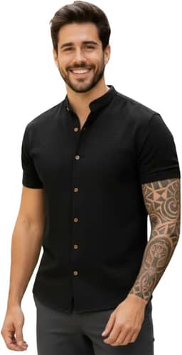 Camisa Social Masculina Manga Curta Gola Padre Elegante e Versatil Tendencia Verão e Final de Ano