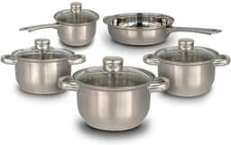 Conjunto de Panelas Inox 5 Peças com Tampa de Vidro – Panela, Caçarolas e Frigideira- Aço Inox