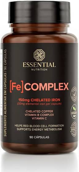 Fe Complex Ferro Quelado + Vitamina C Essential Nutrition – Suplemento de Ferro para Imunidade, Energia e Absorção Eficiente – 90 Cápsulas