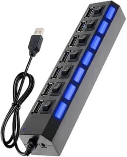 Hub 2.0 7 Portas USB Regua Extensora Auxiliar Duplicador Multiplicador Chave Seletora Extensão HI-SPEED HUB USB 7 Portas Com Led Individual, Chave On/Off - TONSHOP