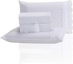 Jogo de Lençol Queen 3 Peças Percal 400 Fios Bordado Inglês - Tecido Acetinado, Macio e Confortável (Branco, Queen)