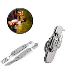 Kit Talher Retrátil Inox 6 Em 1 Garfo Faca Colher Abridor Latas Para Camping Trilha Marmita Passeio