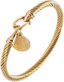 Pulseira Feminina 'Única' São Bento em Aço Inoxidável 316L Banhada a Ouro 18k, Medalha Religiosa de Proteção, 21cm