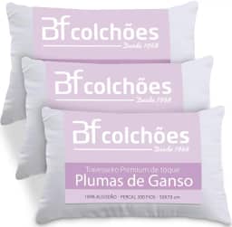 Kit 3 Travesseiros Fibras Toque Pluma de Ganso 100% Algodão Percal 300 Fios Premium Antialérgico 50x70cm - BF Colchões