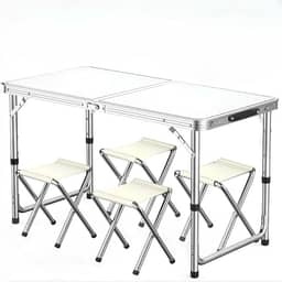 Mesa Dobrável Portátil de Alumínio em Maleta 120x60cm /4 Banquetas - Prática para Camping, Praia, Área Externa e Viagens - Vira Maleta com Alça Resistente(Branco +4 Bancos(120x60))