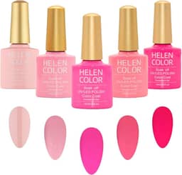 HELEN COLOR Kit 5 Esmaltes em Gel UV/LED Soak Off Brilhoso 10ml Cada Fórmula Profissional para Manicure Alta Durabilidade Secagem em Cabine (Rosa)