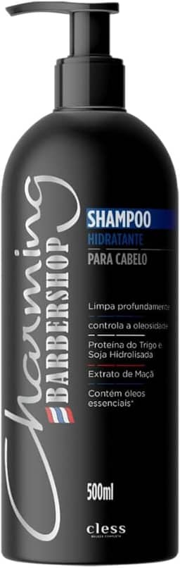 Shampoo Hidratante Cless Charming Barbershop 500ml - Limpeza Suave, Hidratação Intensa, Brilho Natural, Fórmula Sem Sal, Ideal para Todos os Tipos de Cabelos, Uso Diário e Resultado Profissional