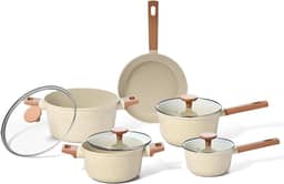Oikos - Jogo Panelas Antiaderente Cerâmico 5 Peças para Fogão por Indução, a Gás, Elétrico e Vitrocerâmico Cor Bege Mou Pitaya