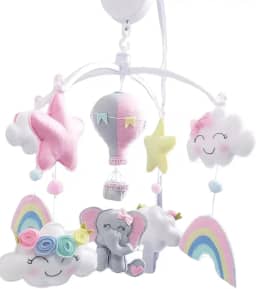 Móbile Musical Giratório Berço Elefante, Elefantinha, Chuva de Amor, Arco Íris Rosa