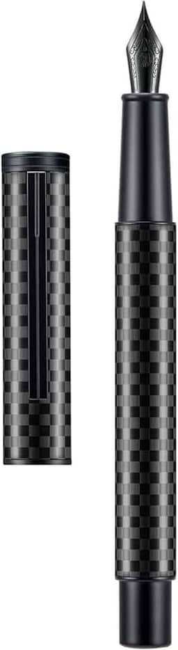 Hongdian Caneta-tinteiro de fibra de carbono floresta negra ponta média design moderno caneta de escrita suave com conversor de tinta recarregável e conjunto de estojo de caneta de metal