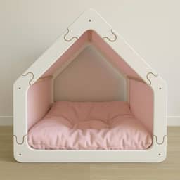 Cama Caminha para Pet Cachorro e Gato Tamanho Grande em Madeira e Tecido, Luma Pet, Design Casinha, com Almofada Macia (Branco/Rosa)