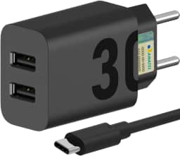 Carregador Super Turbo 30W Ultra Rápido Porta Dupla Tipo C e USB Com Carregamento Rápido + Cabo Tipo C Compatível Com Todos Os Dispositivos, Motorola, Samsung, IPhone 15/16, Xiaomi
