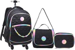 Kit Mochila 20” Escolar Juvenil Estampa Coração 4 Rodinhas 360° Feminino Com Lancheira Térmica E Estojo (PRETO)