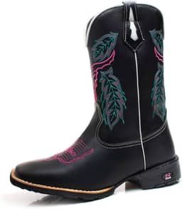 Bota Texana Feminina Cano Alto Rodeio Em Couro Com Bordado De Boi Bico Quadrado RR Botas
