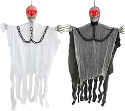 Kit 2 Caveiras Suspensas Fantasmas Preto e Branco com Luz LED Vermelha – Decoração Halloween, Enfeite Assustador para Casa, Festa, Varanda e Eventos Temáticos