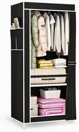 Armário Organizador Guarda Roupa Dobrável. A solução perfeita para o seu Closet! 1 Porta, Portátil, Multiuso com Bolsos Laterais - Preto