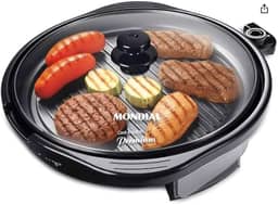 Grill Elétrico Redondo Premium com Termostato, 40cm, 1200W, 220V, Antiaderente, Preto, com Bandeja Coletora