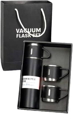 Kit Garrafa Termica Inox Isolada a Vacuo Parede Dupla Com Tampa Caneca e 2 Canecas 500ML Para Quente Gelado (Kit Preto)