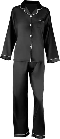 Conjunto de pijama feminino de cetim com botões e manga comprida