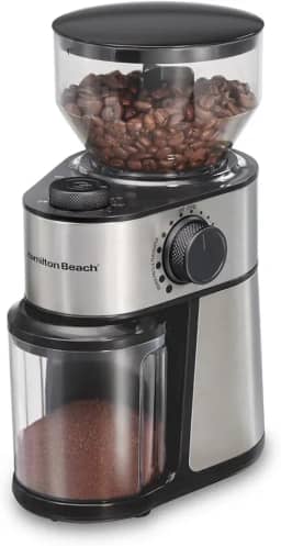Hamilton Beach Electric Burr Coffee Grinder with Large 16oz Hopper and 18 Settings for 2-14 Cups, Stainless Steel (80385)