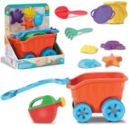 Conjunto de Praia Infantil, Carriola Laranja com Rodas Azuis, Kit com Acessórios, Baldinho e Forminhas para Areia