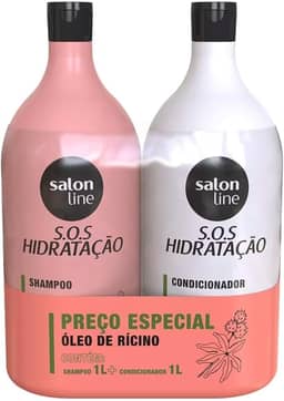 Salon Line, Kit Shampoo e Condicionador, SOS Hidratação, Óleo de Rícino, Vegano - Cabelos Lisos, Ondulados, Cacheados e Crespos, 1 L cada