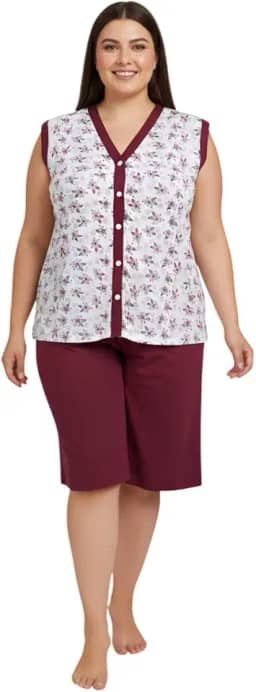 Pijama Feminino Plus Size Pescador Estampa Floral Manga Curta Botão Gola V Bermuda Conjunto Dormir