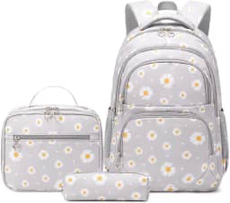 Conjunto de Mochila Escolar Feminina com Estampa de Margarida - 3 Peças com Bolsa de Almoço e Estojo de Lápis