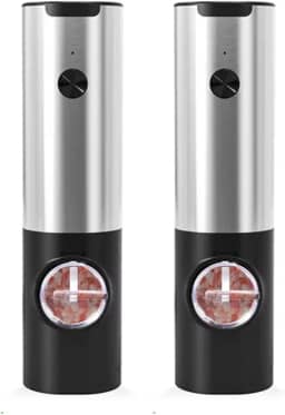 Conjunto Moedor Elétrico de Sal Pimenta (Pacote com 2) Inox Moedor de Sal Pimenta Automático Com Recipiente de 70 ml Luz Led Operação Com Uma Mão Para Churrasco na Cozinha a Pilha Premium