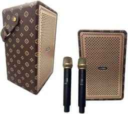 Caixa de Som Karaokê Bluetooth sem Fio com 2 Microfones, 100W PMPO, Bateria Recarregável, Luzes LED, Rádio FM, USB, Cartão SD, Portátil (Marrom)
