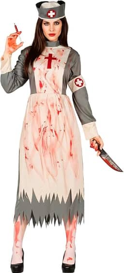 Fantasia Enfermeira Assassina Halloween Feminina Adulta Zumbi Avental Vestido e Chapéu Sangrento