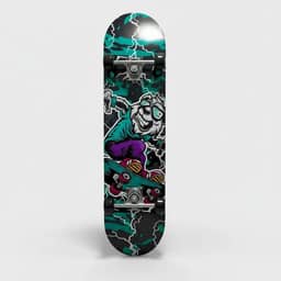 Skate Infantil Completo, 7 Lâminas de Madeira, Design Radical com Arte em Verde e Preto, Montado com Lixa para Iniciantes