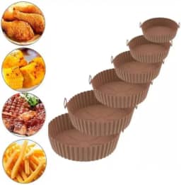 Kit 6 Forma De Silicone Para Air Fryer Premium Redonda Encaixa Em Todos Os Formatos Protetor Antiaderente Reutilizável Para Air Fryer- Marca QH Shopp (Marron Claro)