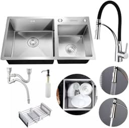 Cuba Dupla Gourmet 78x43 Completa Com Acessórios Pia Cozinha Bancada Aço Inox Prata + Torneira Gourmet Monocomando Silicone Flexível Preta Aço Inox Brinovar